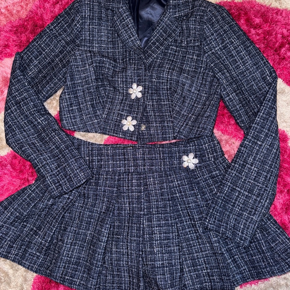 Elegant Black and blue Tweed Women's Jacket cropped blazer and Skirt Set